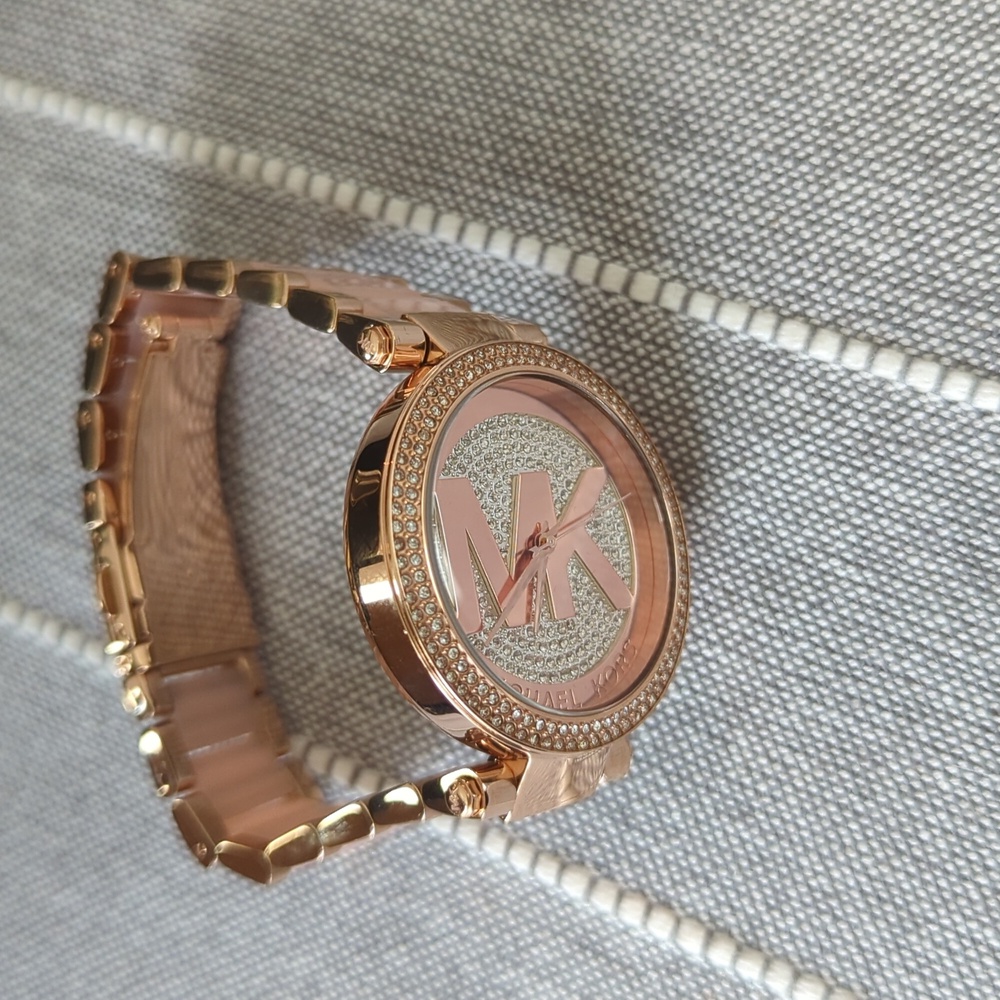 Michael Kors Rose Gold and Blush Resin Logo Crystal Watch - Picture 3 of 4